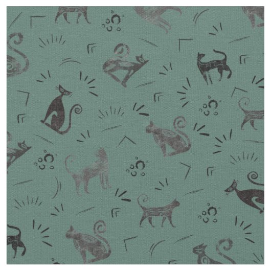 Cave Art Cats on Dark Gray Turquoise Stof (Close Up)
