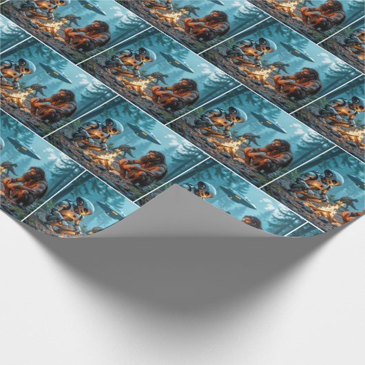 Caveman en buitenaardse robot bij een kampvuur cadeaupapier (Hoek)