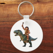 Caveman Riding Dinosaur Cartoon Image Sleutelhanger (Achterkant)