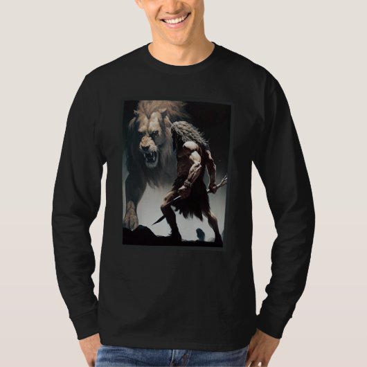 Caveman Warrior with Friendly Lion chasing the sam T-shirt (Voorkant)