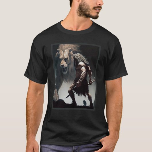 Caveman Warrior with Friendly Lion chasing the sam T-shirt (Voorkant)