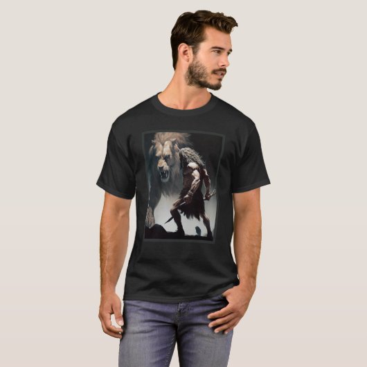 Caveman Warrior with Friendly Lion chasing the sam T-shirt (Voorkant volledig)