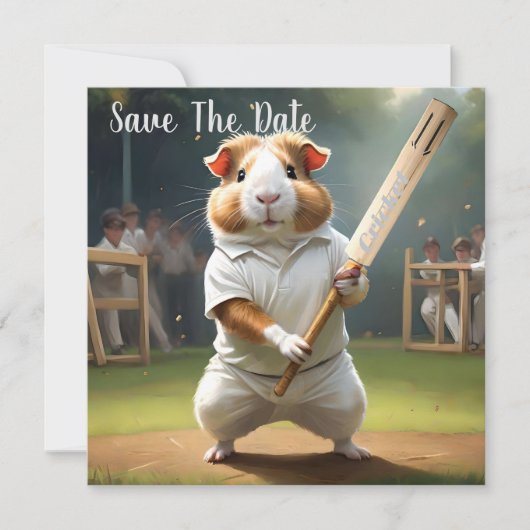 Cavia-cricketspeler: gekleed in het wit save the date (Voorkant)