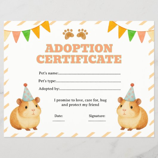 Cavia huisdier adoptie certificaat bewerkbaar flyer (Voorkant)