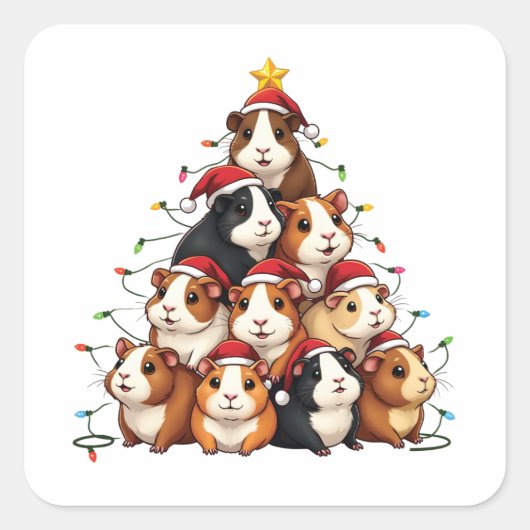 Cavia Kerstboom Prettig Kerstfeest Xmas Vierkante Sticker (Voorkant)