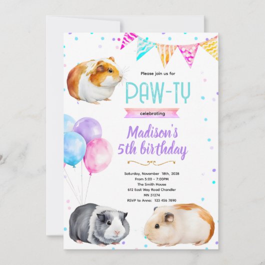Cavia meisje verjaardagsfeest uitnodiging (Voorkant)