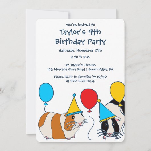 Cavia Pig. en Balloons Birthday Party Kaart (Voorkant)