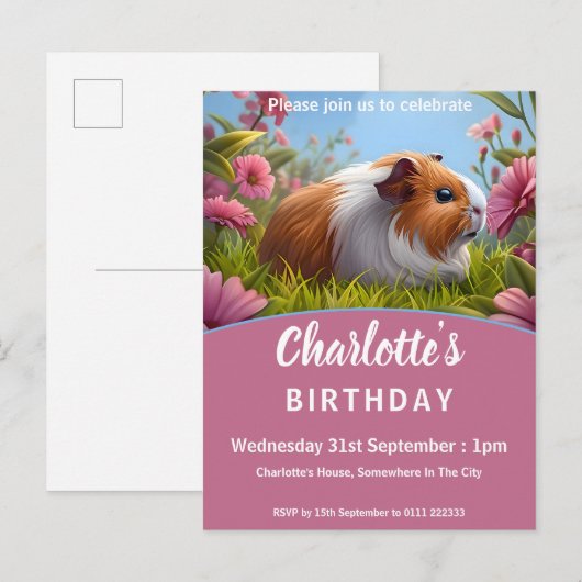 Cavia Pig & Roze Bloemen Verjaardagsfeest Uitnodiging Briefkaart (Voorkant / Achterkant)