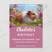 Cavia Pig & Roze Bloemen Verjaardagsfeest Uitnodiging Briefkaart (Voorkant)