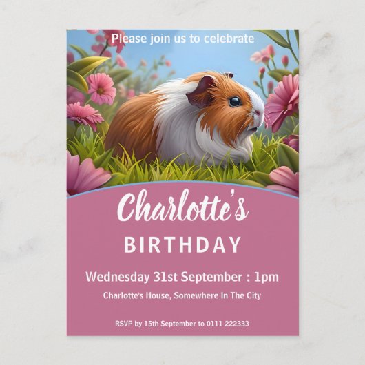 Cavia Pig & Roze Bloemen Verjaardagsfeest Uitnodiging Briefkaart (Voorkant)