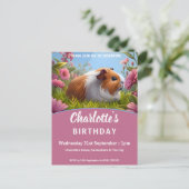 Cavia Pig & Roze Bloemen Verjaardagsfeest Uitnodiging Briefkaart (Staand voorkant)