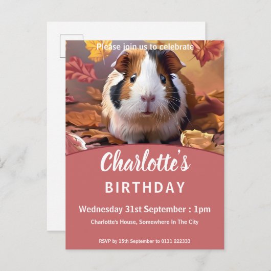 Cavia Pig & Vallende bladeren Verjaardag Uitnodiging Briefkaart (Voorkant / Achterkant)