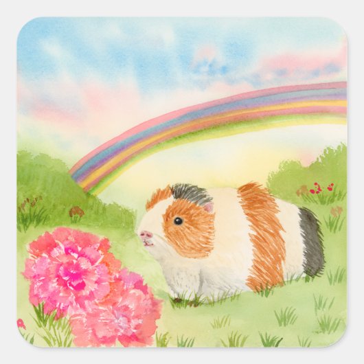 Cavia Regenboog met Anjers Vierkante Sticker (Voorkant)