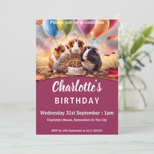Cavia verjaardagsfeestje kaart (Staand voorkant)