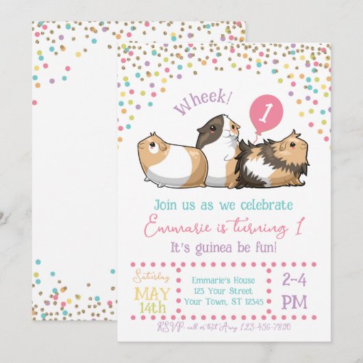 Cavia Verjaardagsfeestje Uitnodiging Confetti (Voorkant / Achterkant)