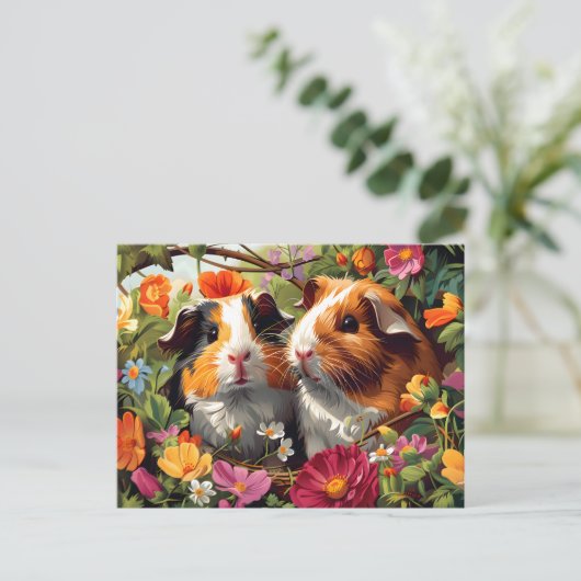 Cavia's onder tuinbloemen briefkaart (Staand voorkant)