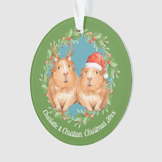 Cavia's Santa en rendieren krans Kerstmis Ornament (voorkant)