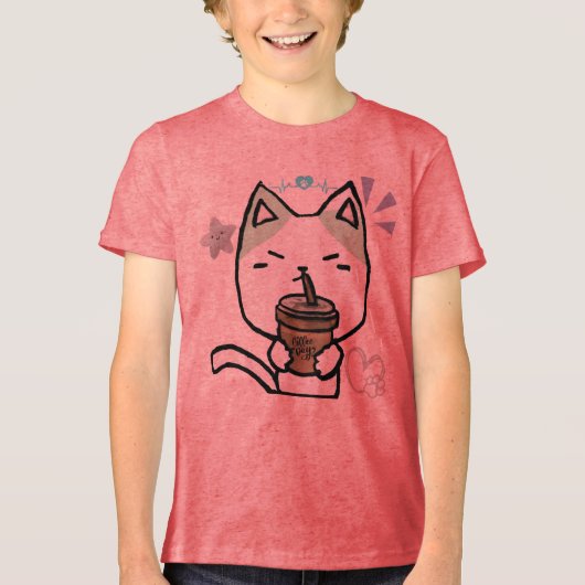 Cawaii Funny cat with coffee Cute Cat anime style Tri-Blend Shirt (Voorkant)