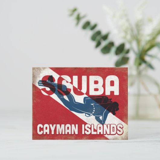 Caymaneilanden Scuba Diver - Blue Retro Briefkaart (Staand voorkant)