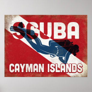 Caymaneilanden Scuba Diver - Blue Retro Poster