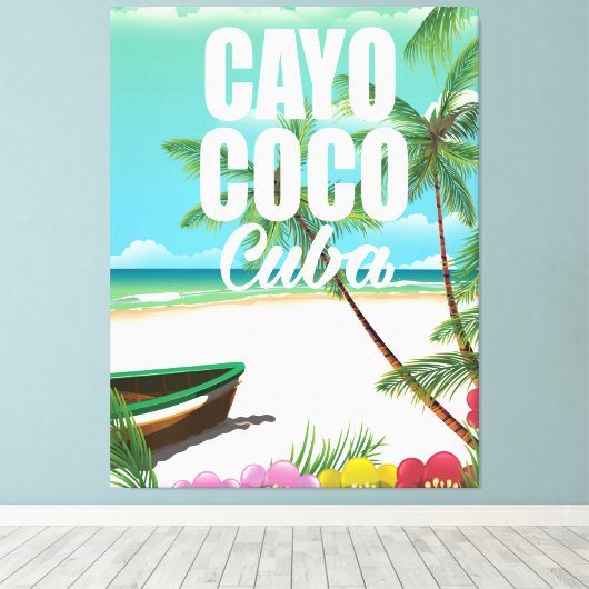 Cayo Coco Cuban strand vakantion poster Canvas Afdruk (Insitu (Houten vloer))