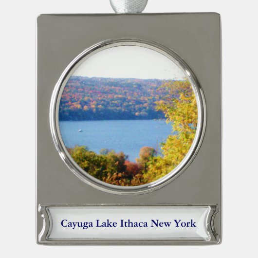 CAYUGA LAKE, ITHACA, N.Y.-siermiddel Verzilverd Banner Ornament (Voorkant)
