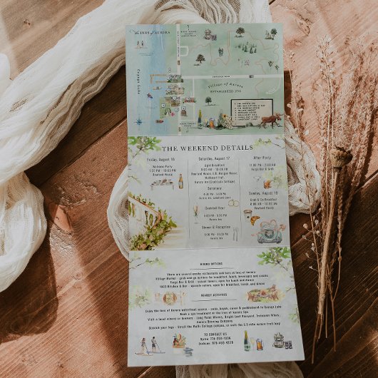 Cayuga Lake NY | Geïllustreerde bruiloft drievoudi Drieluik Uitnodiging