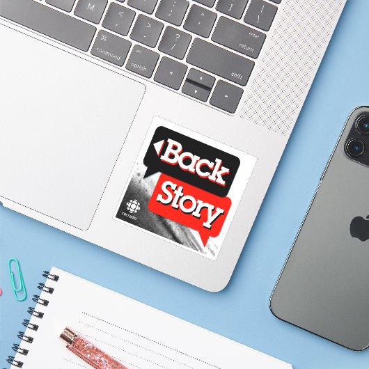 CBC Back Story Sticker (Laptop met iPhone)