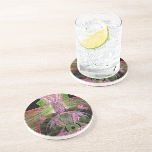 CD met roze veren Zandsteen Onderzetter (Zijkant)