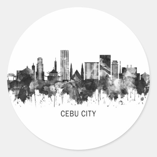 Cebu City Filippijnen Skyline BW Ronde Sticker (Voorkant)