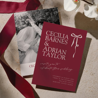CECILIA Burgundy Wedding Invitation with Bow Kaart