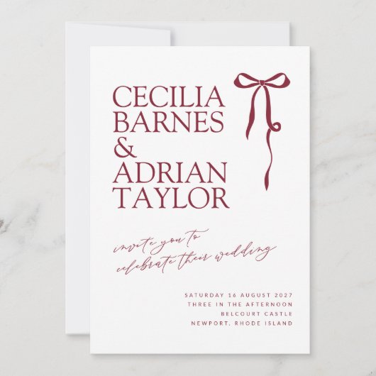CECILIA Burgundy Wedding Invitation with Bow Kaart (Voorkant)