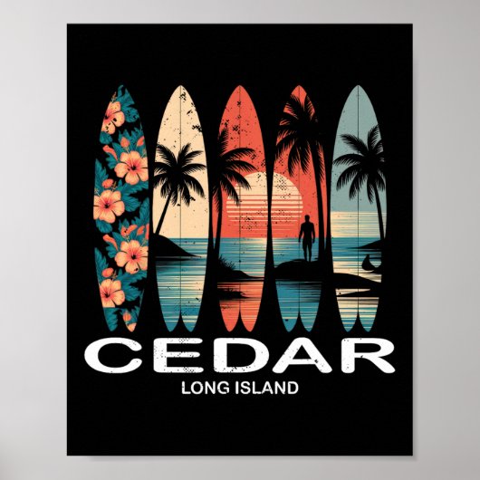Cedar Beach Long Island Surfboard Surfing Retro Poster (Voorkant)