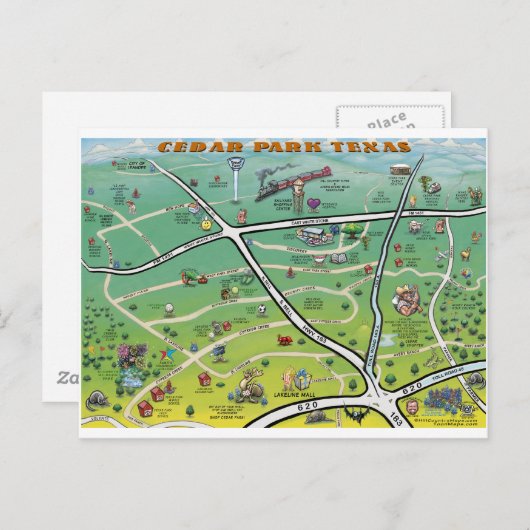 Cedar Park Texas Cartoon Map Briefkaart (Voorkant / Achterkant)