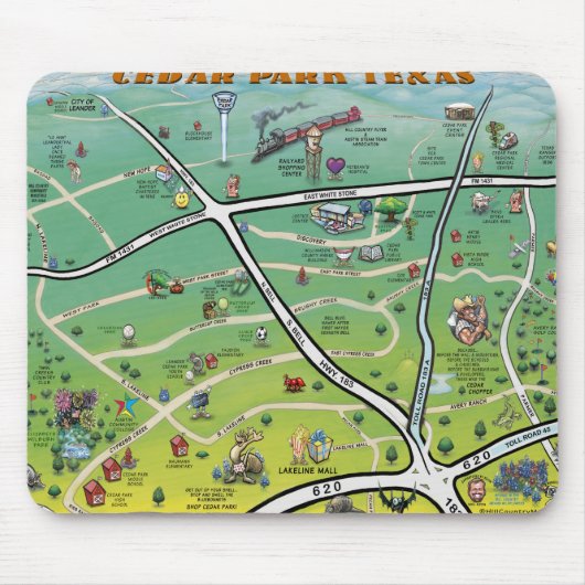 Cedar Park Texas Cartoon Map Muismat (Voorkant)