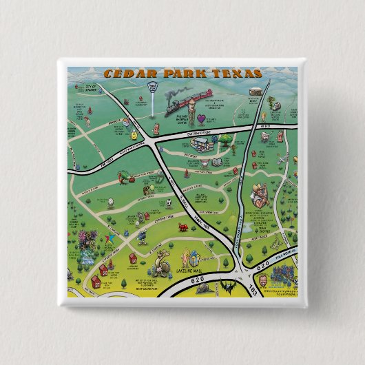 Cedar Park Texas Cartoon Map Vierkante Button 5,1 Cm (Voorkant)