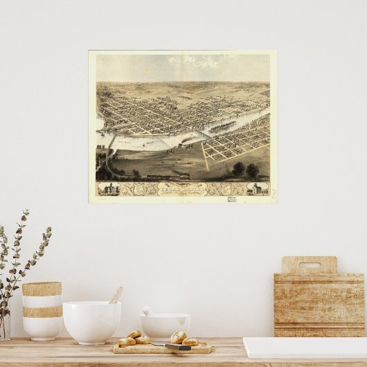 Cedar Rapids Iowa 1868 Antiek Panoramisch Kaart Poster (Keuken)