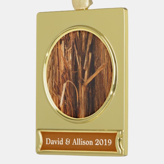 Cedar Textured Wooden Bark look Verguld Banner Ornament (Links)