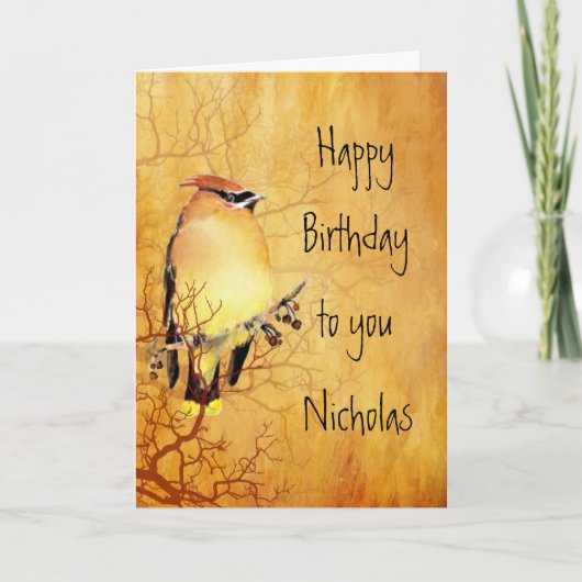 Cedar Waxing Bird Custom Name Birthday Kaart (Voorkant)