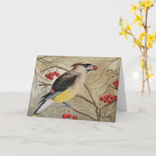 Cedar Waxwing eet bessen Wenskaart Kaart (Gele Bloem)