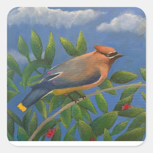 Cedar Waxwing Vierkante Sticker (Voorkant)