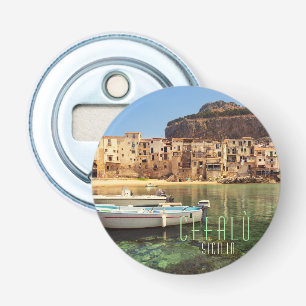 Cefalu stad met boten in Sicilië Button Flesopener