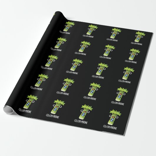 Cel-lery Phone Funny Celery Veggie Pun Dark BG Cadeaupapier (Uitgerold)