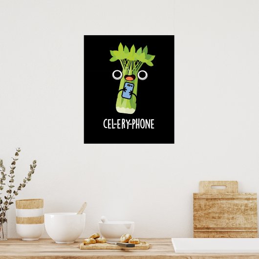 Cel-lery Phone Funny Celery Veggie Pun Dark BG Poster (Keuken)