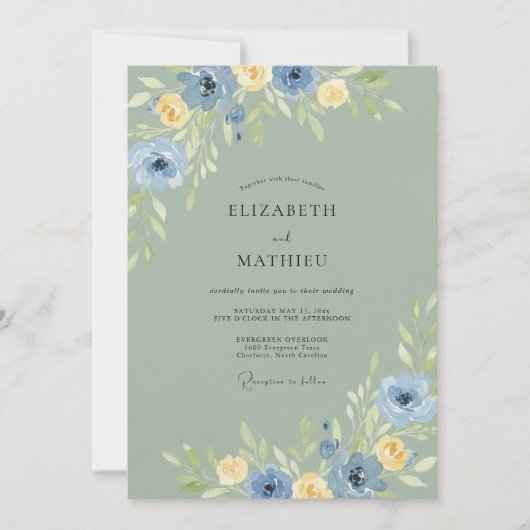 Celadon Azuur Ranunculus Stof Eucalyptus Bruiloft Kaart (Voorkant)