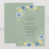 Celadon Azuur Ranunculus Stof Eucalyptus Bruiloft Kaart (Voorkant / Achterkant)