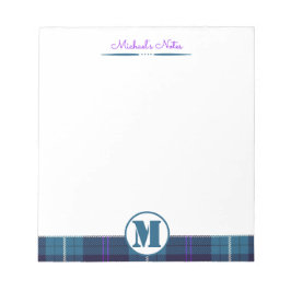 Celadon Blauw-Donkkerblauw Geruit Tartan Monogram Notitieblok