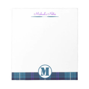 Celadon Blauw-Donkkerblauw Geruit Tartan Monogram Notitieblok