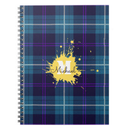 Celadon Blauwe Geruite Tartan Gele Spat Monogram Notitieboek