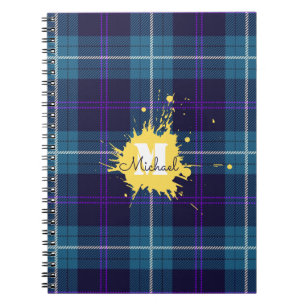 Celadon Blauwe Geruite Tartan Gele Spat Monogram Notitieboek